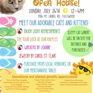 summertime open house sunday july 24, meet cats and kittens, light refreshments, raffles, local vendors, wine tastings