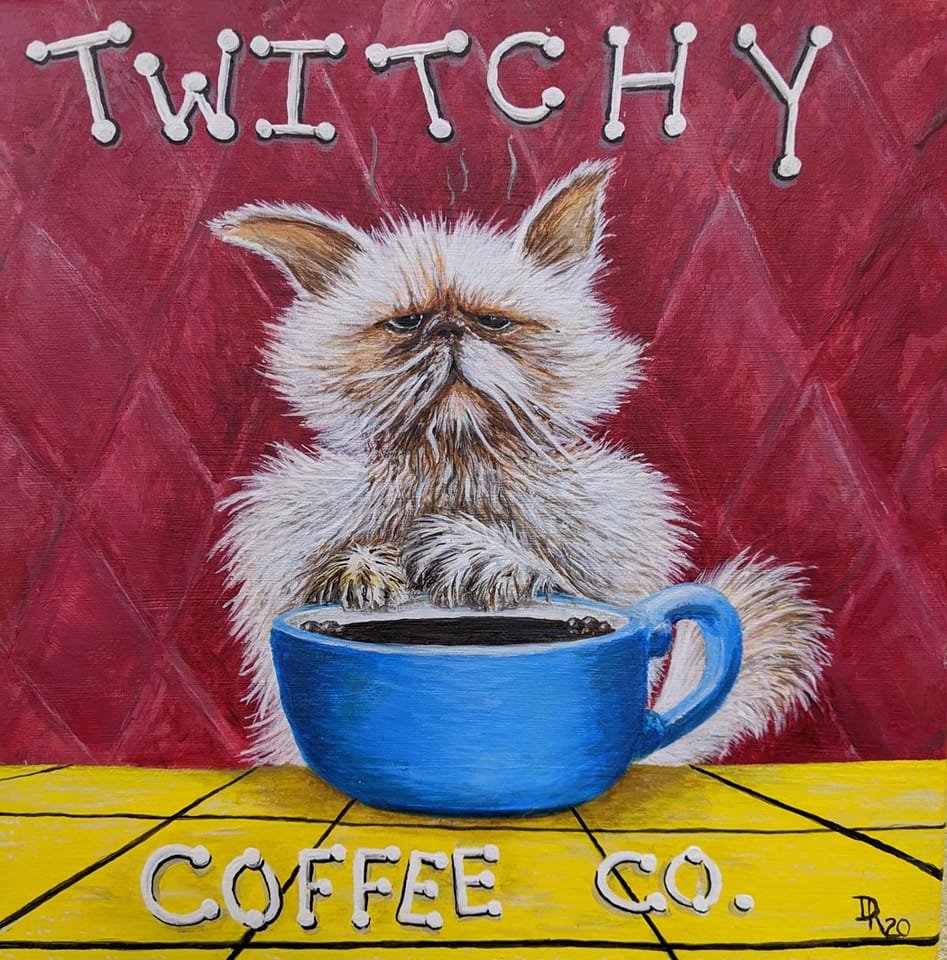 painting of cotton the rescued cat with a cup of coffee, twitchy coffee co