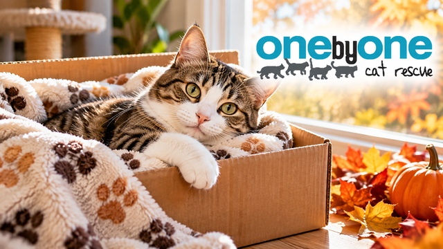 One By One Cat Rescue graphic featuring a relaxed tabby-and-white cat resting in a cozy box beside a window with autumn leaves and a small pumpkin.
